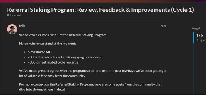 A Discord message in the General channel from user 'Milir' titled 'Referral Staking Program: Review, Feedback & Improvements (Cycle 1),' noting '69M staked MET,' '2000 referral codes linked,' and '~300K in estimated cycle rewards.'