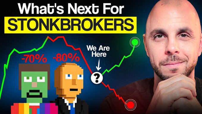 The image is a YouTube thumbnail titled "What's Next For STONKBROKERS," featuring pixel art characters (a green and an orange figure) alongside a man with his hand on his chin, with a stock chart showing declines of "-70%" and "-80%" and a "We Are Here" marker with a question mark, relating to the post's announcement of a live stream discussing the future of StonkBrokers with guest OxSimpleFarmer.