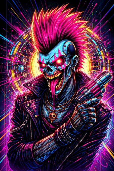 A vivid neon cyberpunk illustration of a skeletal figure with a bright pink mohawk, glowing red eyes, and a protruding tongue, holding a futuristic gun.