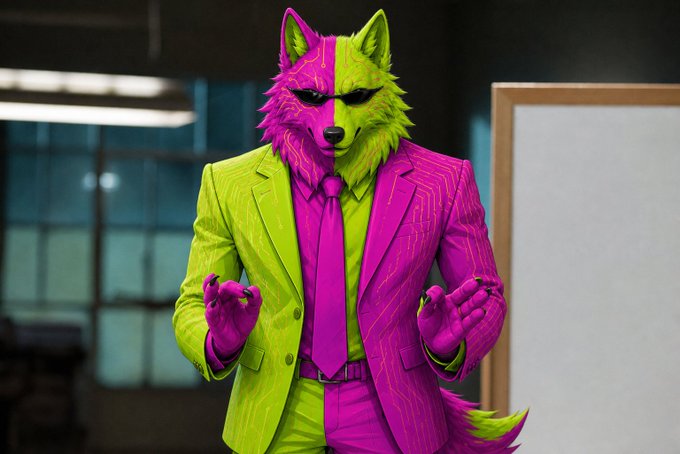 A 3D-rendered anthropomorphic wolf character wears a split neon green and magenta suit with a matching tie, posed in an office-like setting.