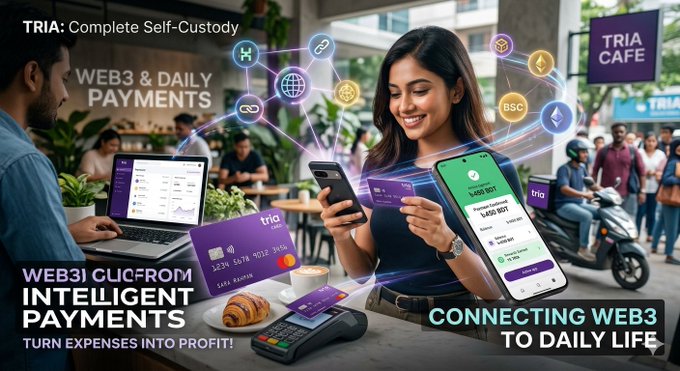 The image features a woman sitting at a table, using her phone while making payments for a coffee shop or cafe. The text above the image reads "Good afternoon gTria Fam! Why is @useTria a necessity for you? The Best of Control: Complete self-custody - all your funds are always in your hands. Intelligent Payments: It' s not only". This suggests that using Tria's intelligent payments system can provide users with the convenience and control they need to manage their finances effectively, while also offering rewards and benefits for making purchases at participating establishments.