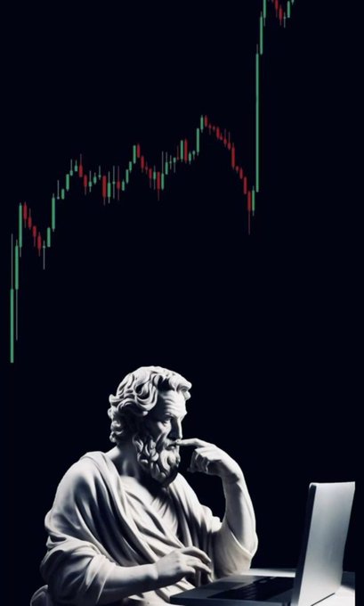A classical statue in a contemplative pose sits before a laptop beneath a candlestick stock chart, perfectly capturing the watchful, analytical mindset the post calls for—keeping eyes on $PVE and $SEALED to take profits wisely before the weekend.