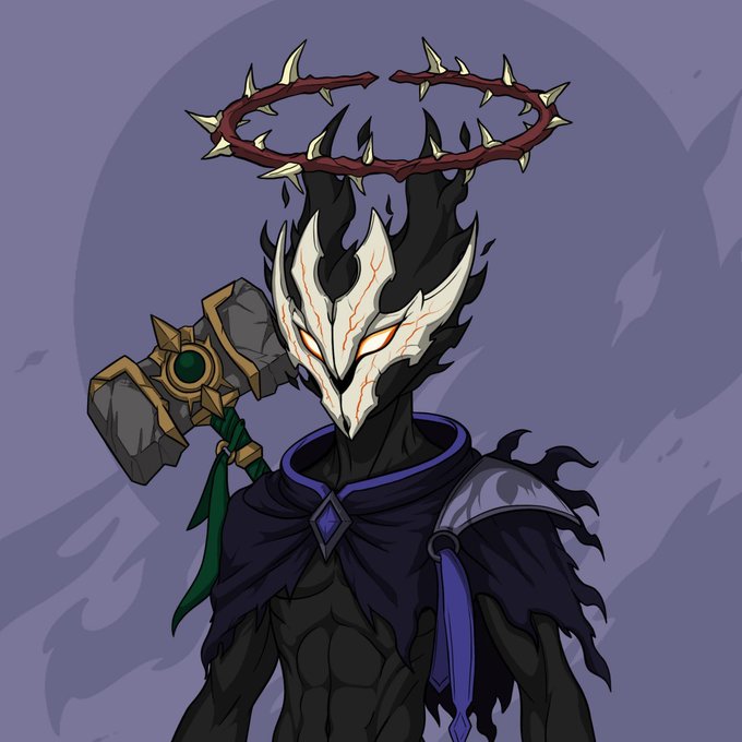 A dark fantasy character illustration featuring a hooded figure with a white skeletal/bird-like mask, glowing orange eyes, a thorny crown halo, holding a large stone hammer, set against a purple background with shadowy flame motifs.