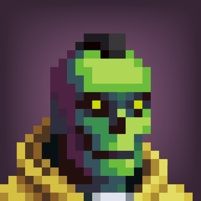 A pixelated portrait of a green-skinned character with yellow eyes wearing a yellow jacket against a purple background.