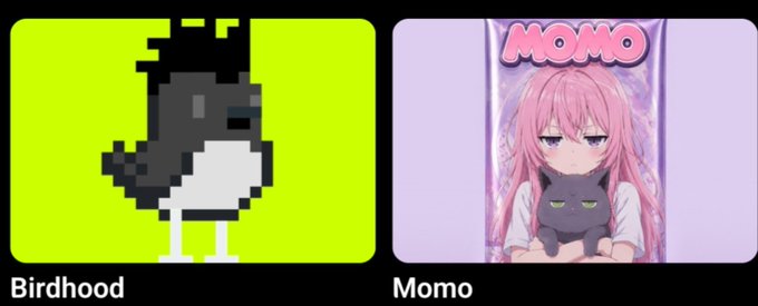 Two images side by side: 'Birdhood' showing a pixelated black and white bird character on a yellow background, and 'Momo' showing a pink-haired anime character holding a similar black cat-like creature.