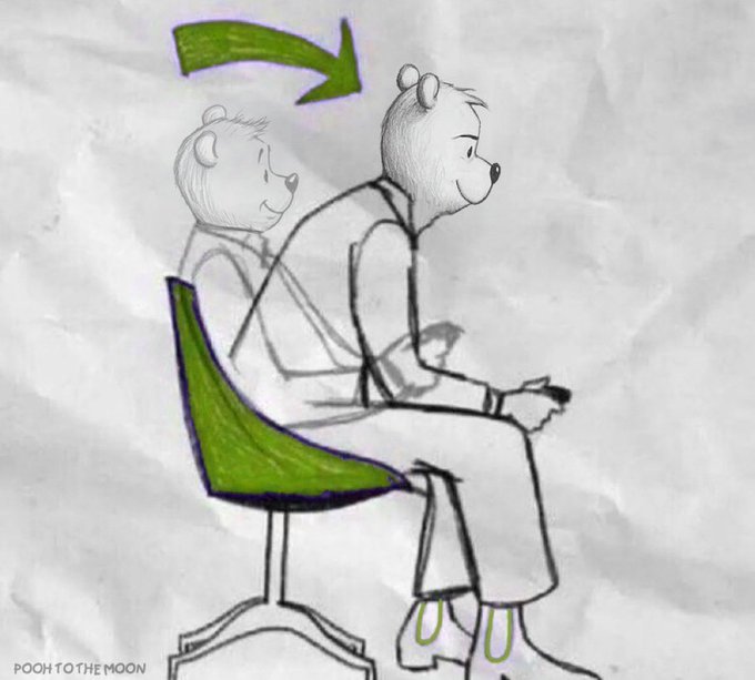 A pencil sketch illustration titled 'POOH TO THE MOON' shows a figure resembling Christopher Robin, indicated by green arrows, sitting on a chair with rounded bear-like features.