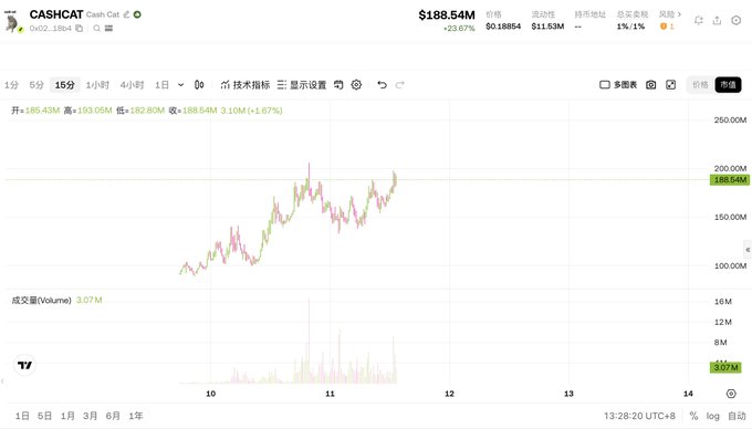A TradingView chart displays the CASHCAT (Cash Cat) token trading at $188.54M with a 1.67% gain and $3.07M volume, illustrating the meme coin's surge toward a $200 million market cap referenced in the post.