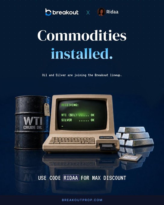 A promotional advertisement for Breakout prop firm with text 'Commodities installed. Oil and Silver are joining the Breakout lineup' featuring a retro computer, oil barrel, and silver bars; includes 'USE CODE RIDAA FOR MAX DISCOUNT' and 'BREAKOUTPROP.COM'.