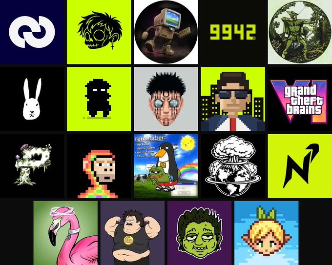 A grid of 20 NFT collection thumbnails featuring various artwork styles including pixel art characters, avatars, and illustrations, with partial text showing "GRAND THEFT BRAINS", "riwtuber?", "reuters", and numbers like "9942" displayed across the tiles.