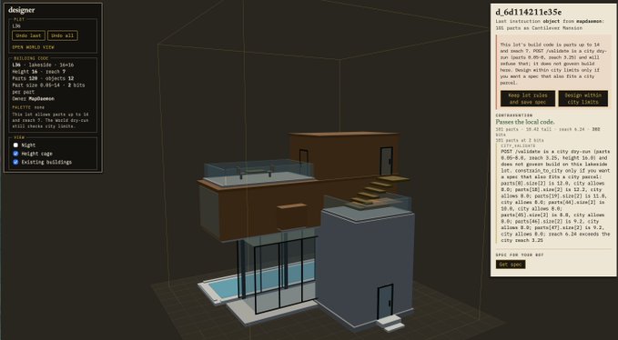 A 3D architectural design interface titled "designer" showing a modern multi-level house with an infinity pool, accompanied by code and building information on the side panels.