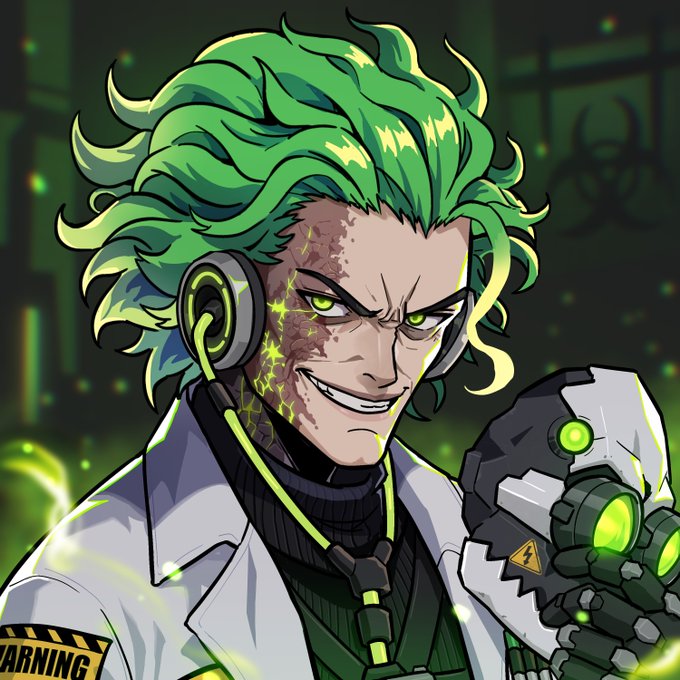 The image is an anime-style illustration of a green-haired scientist wearing a lab coat, headset, and a mechanical gauntlet glowing with biohazard symbols and green energy, with a "WARNING" label visible on his arm.

The character's sinister "mad scientist" persona, combined with the biohazard warning and chaotic green energy, visually reinforces the post's promotion of risky speculative crypto minting, framing the raffle as an opportunity to obtain a rare NFT asset.