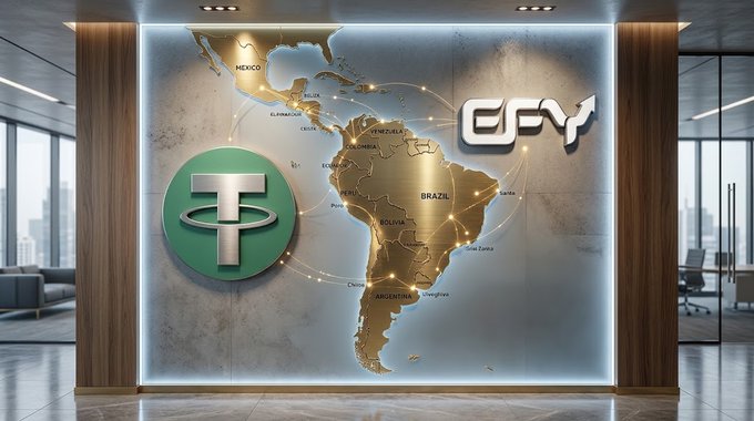 Modern office lobby display featuring a golden South America map with Tether (USDT) logo on the left and stylized 'CSY' logo on the right.