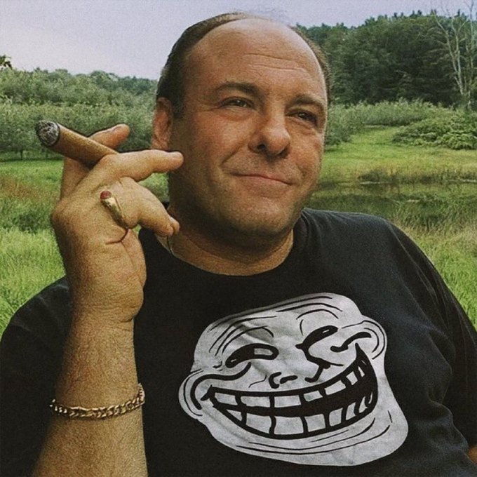 The image features a man wearing a black t-shirt with a funny face drawn on it, holding a cigar in his hand while sitting outdoors. The caption of the photo reads "Not worried about anything.. We fucking won... $Troll". This humorous message is related to the man's facial expression and the overall theme of the image.