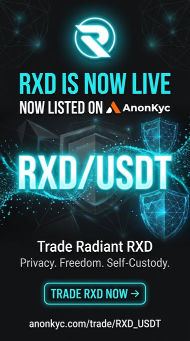 A promotional banner announcing 'RXD IS NOW LIVE' on AnonKyc exchange, showing the RXD/USDT trading pair with the tagline 'Trade Radiant RXD - Privacy. Freedom. Self-Custody.' and a call-to-action button.