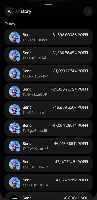 A mobile wallet transaction history screen showing multiple large 'Sent' transfers in POFFI cryptocurrency, including amounts like -31,393.60033 POFFI, -46,969.5367 POFFI, and ending with a small -0.00647 SOL transaction.