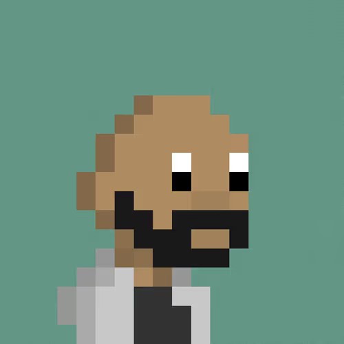 Pixel art of a bald man with a beard wearing a white coat over a black shirt against a teal background.