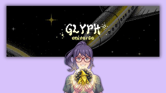 A logo/banner image for "GLYPH universe" featuring pixel art styling with stars and a comet, plus an illustration of a purple-haired anime character with glasses holding a glowing wizard hat.