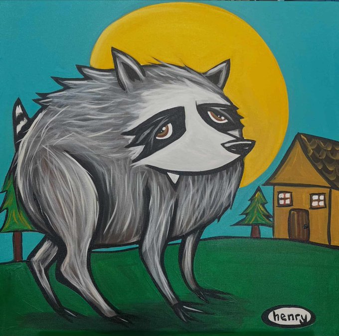A folk-art style painting of a raccoon with a mask-like face standing in front of a yellow sun, a small house, and pine trees, signed 'henry' in the corner.