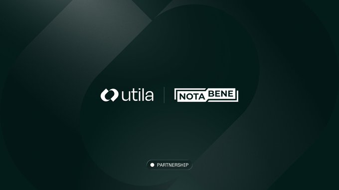 A dark teal graphic announces a 'PARTNERSHIP' between 'utila' and 'NOTA BENE', displaying both company logos separated by a vertical line.