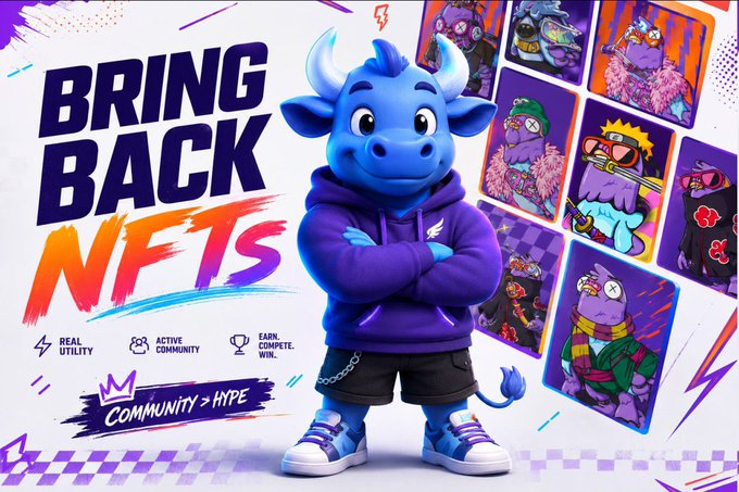 A blue cartoon bull mascot in a purple hoodie stands confidently beside bold "BRING BACK NFTS" text, surrounded by a gallery of colorful NFT character cards and slogans like "Real Utility," "Active Community," and "Community > Hype."

The image promotes a return to NFT fundamentals—utility, community, and fair competition—directly contrasting with the post's lament about a 2022 generative art project that quickly lost momentum, became worthless, and was abandoned by its silent Discord.