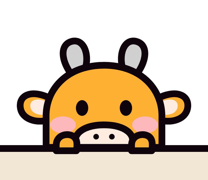A simple illustration of a cute orange cow head with black horns and pink cheeks, peeking over a beige surface.