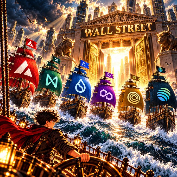 A fantasy illustration of a pirate ship sailing toward a golden 'WALL STREET' building flanked by bull statues, with sails displaying crypto exchange logos including Avalanche, Near, Sui, Polygon, and others.