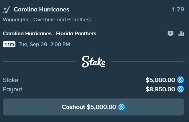 The image shows a Stake betting slip for the Carolina Hurricanes to win (including overtime and penalties) against the Florida Panthers on Tuesday, September 29th at 2:00 PM, with odds of 1.79, a $5,000 stake, and a potential $8,950 payout. This visually confirms the post's announcement of placing a $5,000 wager on the Hurricanes to win their NHL opening night matchup against the Panthers.