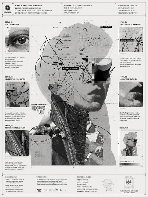 The image is a black-and-white "R30R PROTOCOL ANALYSIS" collage featuring detailed annotations, signal maps, and close-up "DETAIL" panels of eyes, fragmented faces, and textures arranged around a central masked figure, labeled with coordinates (-37.81399° S, 144.963° E) and classifications like "VOICE-SOUL" and "IDENTITY-CAPSULE."

It visually mirrors the post's theme of discovery by presenting the artwork as a forensic or archaeological document—inviting viewers to decode layered fragments of identity and permanence, much like @R3ORDR's consumable yet continuously revealing digital art.