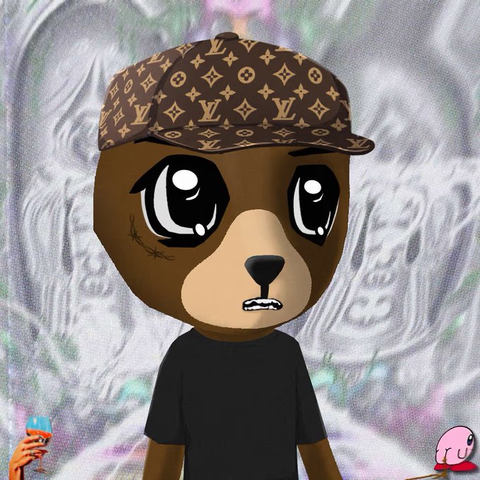 A 3D cartoon bear character wearing a black t-shirt and a brown Louis Vuitton monogram cap, with animated tears in its eyes.