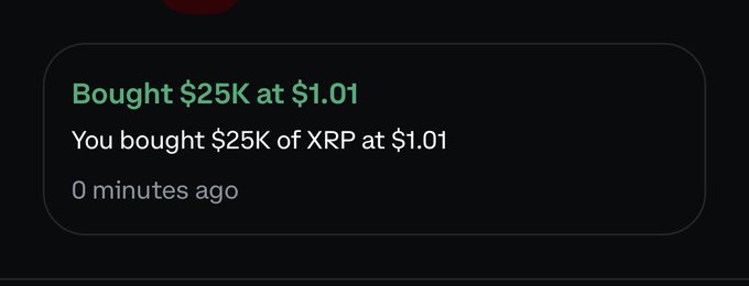 A notification displays "Bought $25K at $1.01" showing a recent purchase of $25K of XRP at $1.01, corresponding to the third day of a daily $25K XRP buying streak.