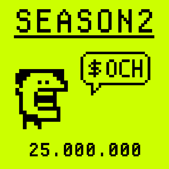 Pixel art graphic with a neon yellow-green background featuring the text 'SEASON2' at the top, a stylized pixelated character with a speech bubble containing '¥0CH', and '25,000,000' at the bottom.