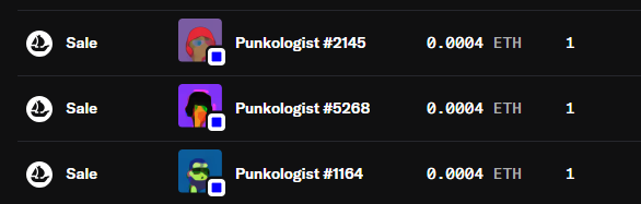 A screenshot shows three recent OpenSea sales of "Punkologist" NFTs from Rock Punks, each selling for 0.0004 ETH (token ID #2145, #5268, and #1164), supporting the poster's thank-you message to the project for being a "believer."