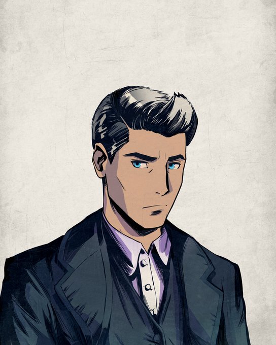 A stylized portrait illustration of a man with slicked-back dark hair and striking blue eyes, dressed in a dark suit with a light purple shirt, shown against a textured cream background. The elegant, moody artwork reflects the "Mad Lads" NFT collection aesthetic, depicting the suave character featured in the sold digital asset.