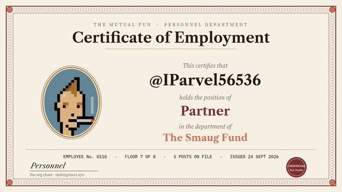 A digital Certificate of Employment issued to '@IParvel56536' for the position of 'Partner' in 'The Smaug Fund', dated 24 Sept 2026.