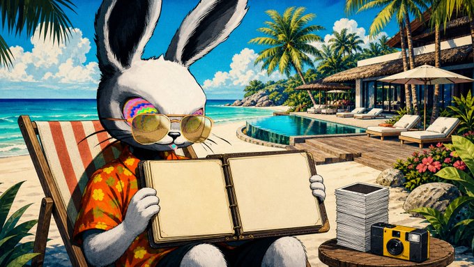 A stylish rabbit in sunglasses and a Hawaiian shirt lounges on a beach chair, holding open a vintage album with a stack of photos and a yellow camera beside it. The scene captures the "summer recap" vibe, inviting viewers to flip through cherished MegaETH memories from the season.