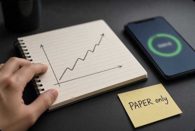 A hand drawing an upward trending line graph on a notepad, next to a smartphone displaying a green loading circle and a yellow sticky note reading "PAPER only".