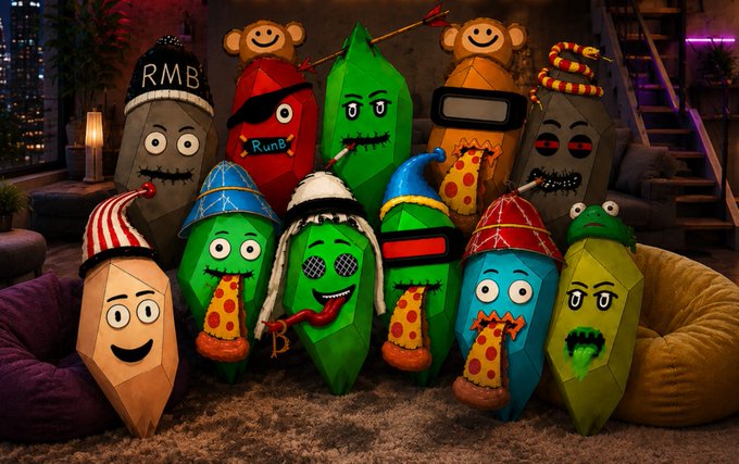 A group of anthropomorphic NFT characters with various hats and accessories—including one wearing a beanie labeled "RMB" and another with a hat reading "RunB"—are gathered together, representing the RMB NFT collection linked on OpenSea. The playful characters, depicted in stone-like and crystalline forms, visually showcase the diversity of the project.
