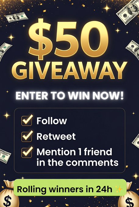 A glittery "$50 GIVEAWAY" promotion graphic instructs viewers to "ENTER TO WIN NOW!" by checking off three steps—Follow, Retweet, and Mention 1 friend in comments—with a green banner announcing "Rolling winners in 24h," matching the post's instructions to tag a friend and a @Stake username for a chance to win.
