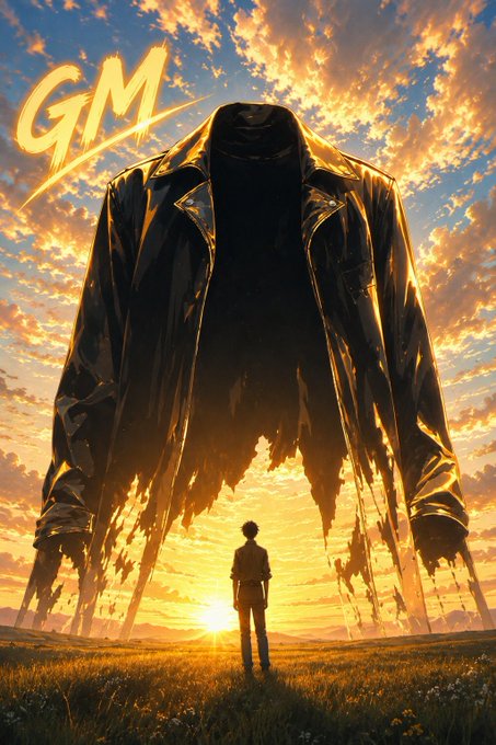 A lone figure stands in a sunset-lit field facing a massive, shadowy figure draped in a flowing black coat, with the letters "GM" glowing in golden light in the upper left corner. The image visually echoes the post's theme of steady, long-term building—mirroring the message that meaningful progress, like the towering silhouette, is forged through small, consistent actions rather than chasing short-term wins.