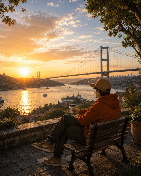 A young man in an orange hoodie and tan cap sits on a wooden bench holding a coffee cup, watching a golden sunset over a large suspension bridge (resembling the Bosphorus Bridge) with boats dotting the water below.