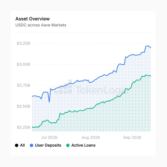Line chart titled "Asset Overview" displaying "USDC across Aave Markets" from July 2026 to September 2026, with blue "User Deposits" rising from around $2.5B to over $3.25B and green "Active Loans" growing from $2.25B to near $2.9B.