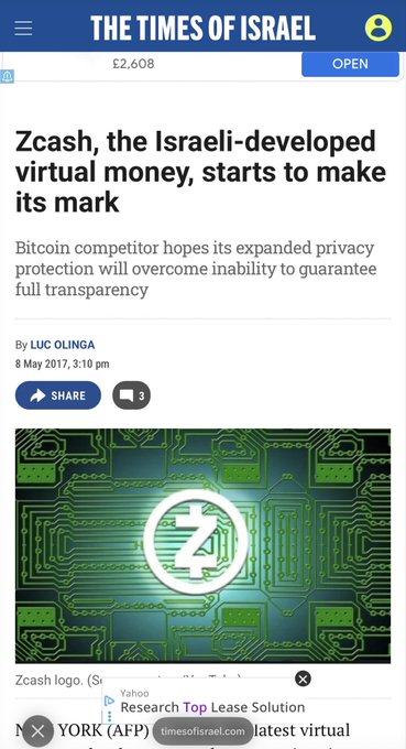 The screenshot shows a Times of Israel article titled "Zcash, the Israeli-developed virtual money, starts to make its mark," with a £2,608 stake amount, share count of 3, and the Zcash logo displayed on a green circuit board background. The image relates to the post as it references Zcash cryptocurrency, though the article itself focuses on Israeli development of the digital currency rather than Saudi/Emirati holders.