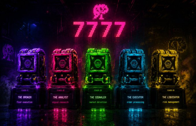 A glowing neon "7777" sign with a stylized "X" logo hovers above five industrial metal containers arranged in a row, each illuminated in a distinct color (purple, pink, green, blue, and yellow) and labeled Class 01 through Class 05 with titles "The Broker (floor execution)," "The Analyst (signal research)," "The Signaler (market detection)," "The Executor (order processing)," and "The Liquidator (risk management)." The image, promoting HyperliquidX, visually reinforces the post's message inviting users to identify which of the five operator classes they belong to within the "7777 Operators" network, with the brightly colored crates representing the different roles and the dark, atmospheric setting enhancing the mysterious, choice-driven tone of "one hidden network."