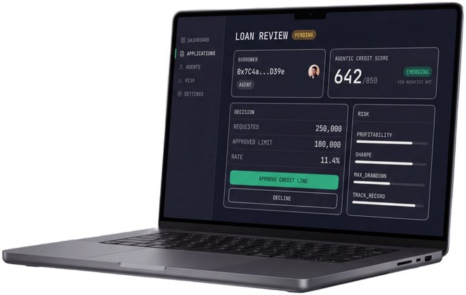 A laptop displays a loan review dashboard titled 'LOAN REVIEW PENDING' with an agentic credit score of 642/850 via 'AGENTICS APE', showing decision metrics and an 'APPROVE CREDIT LINE' button.