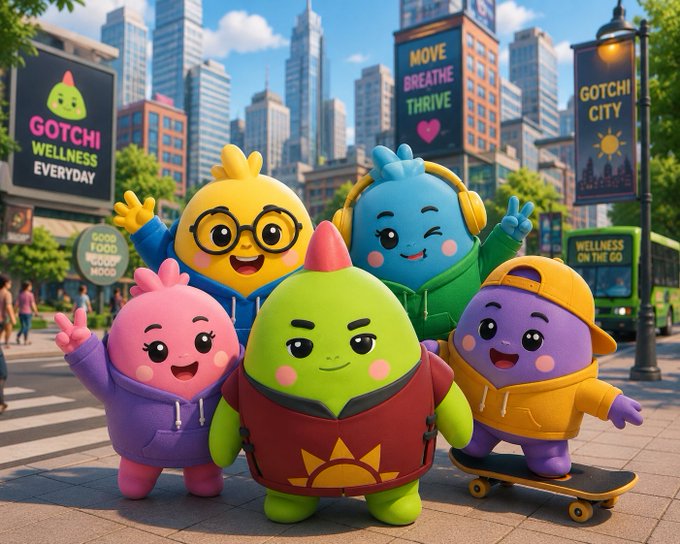 A colorful 3D-rendered scene featuring cartoonish mascot characters in 'Gotchi City' promoting 'Gotchi Wellness Everyday' and 'Wellness on the Go'.
