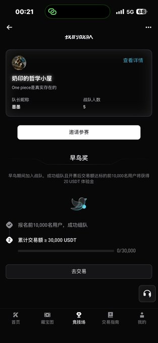A mobile app screenshot in Chinese featuring a team invitation page titled '我的战队' (My Team) with a team named '奶印的哲学小屋', showing metrics like team nickname '草蛋' and team member count '5', along with a 20 USDT early bird reward section requiring 30,000 USDT cumulative trading volume.