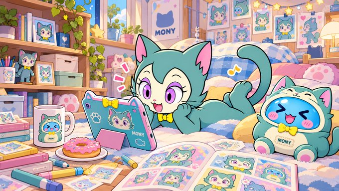 A cute teal cat mascot named "Mony" (also labeled "MONY") lounges on a bed surrounded by fan-made drawings, stickers, and merchandise featuring its design, alongside a plush cat wearing a "MONY" hoodie. The cozy scene illustrates the hashtag prompt inviting fans to create and share their own original artwork of the character.