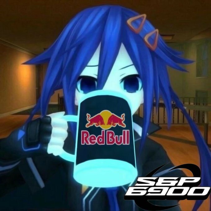 An anime character with blue hair holds a glowing mug featuring the Red Bull logo, with "S&P 6900" text overlaid in the corner. The image riffs on the post's "S&P 6900" joke—pairing Red Bull's "gives you wings" branding with the SPX6900 crypto meme to humorously suggest it will "energize" the meme coin market.