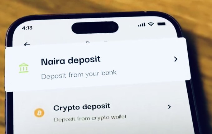 A smartphone displays a deposit menu with two options: 'Naira deposit' (Deposit from your bank) and 'Crypto deposit' (Deposit from crypto wallet), shown at 4:13.