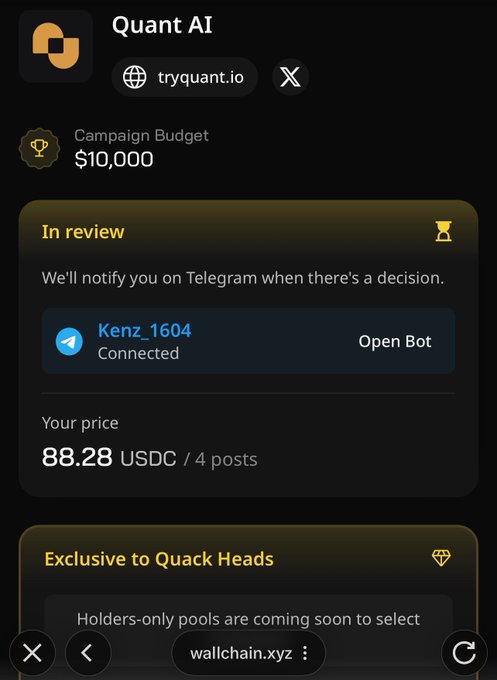 The image shows an advertisement for Quant AI cryptocurrency. It displays text informing users about the process of selecting their preferred cryptocurrency. There are two options - Quat AI or Kenz 1604 - being displayed, along with a price quote ranging from $88,28 USDC and 4 posts. The user interface provides information about the cryptocurrency's features and the price, while the message emphasizes that it is essential to consider various factors before making a decision regarding a cryptocurrency investment.